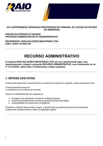PREGÃO ELETRÔNICO Nº 024/2026 - RAZÕES RECURSAIS -  RAIO SOLUCOES INDUSTRIAIS LTDA
