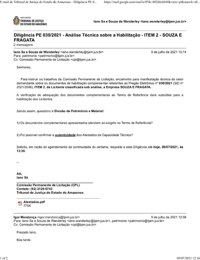 PREGÃO ELETRÔNICO Nº 030/2021 - DILIGÊNCIA CPL À DIVISÃO DE PATRIMÔNIO - DOCUMENTAÇÃO - ITEM 2 - SOUZA E FRAGATA