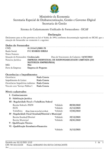 PREGÃO ELETRÔNICO Nº 58/2021 - SICAF E CNDT - F C SOARES