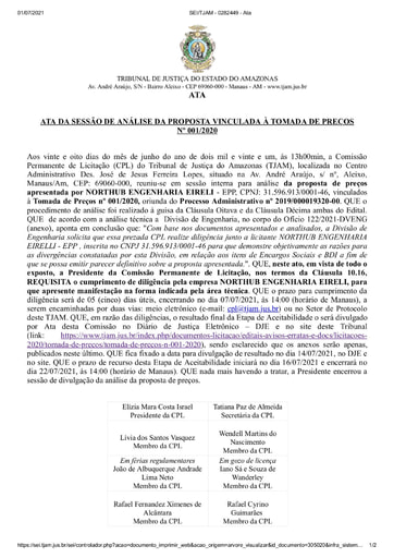 TOMADA DE PREÇOS Nº 001/2020  - ATA DA SESSÃO DE ANÁLISE DA PROPOSTA - DILIGÊNCIA (E-MAIL)