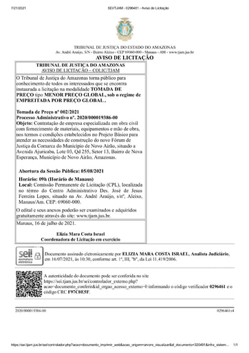 TOMADA DE PREÇOS Nº 002/2021 - AVISO DE LICITAÇÃO