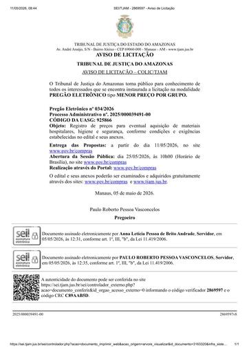 PREGÃO ELETRÔNICO Nº 034/2026 - AVISO DE LICITAÇÃO