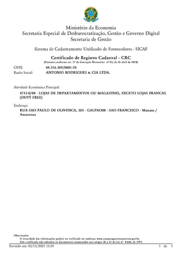 PREGÃO ELETRÔNICO Nº 51/2021 - HABILITAÇÃO - SICAF E CNDT - ANTONIO RODRIGUES - ITEM 6