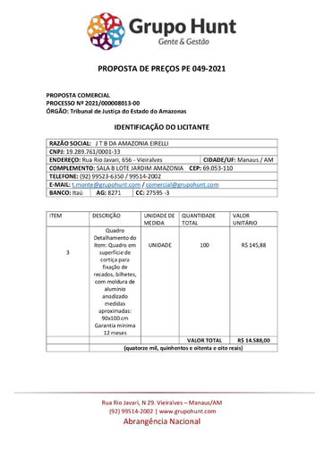 PREGÃO ELETRÔNICO Nº 49/2021 - PROPOSTA RETIFICADA - ITEM 3 - JTB