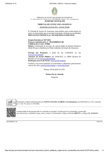 PREGÃO ELETRÔNICO Nº 047/2022 - AVISO DE LICITAÇÃO