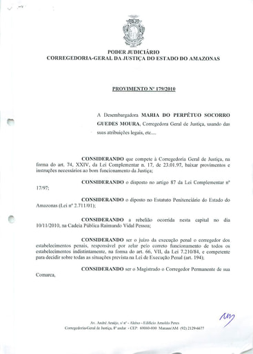 Provimento 179 - Estabelece a obrigatoriedade de inspeção anual nas unidades prisionais do interior, a serem realizadas pelos Juízes, no âmbito de sua jurisdição