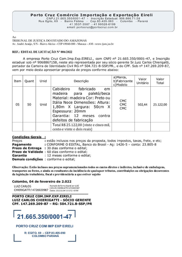 PREGÃO ELETRÔNICO Nº 006/2022 - PROPOSTA - ITEM 5 - PORTO CRUZ