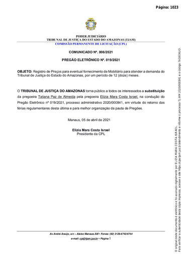 PREGÃO ELETRÔNICO Nº 019/2021 - COMUNICADO Nº 006/2021 - SUBSTITUIÇÃO DE PREGOEIRA
