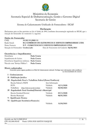 PREGÃO ELETRÔNICO Nº 024/2020 - DOCUMENTOS RETIRADOS DO SICAF - M J COMERCIO