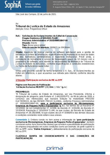 PREGÃO ELETRÔNICO Nº 029/2021 - PEDIDO DE ESCLARECIMENTO - PRIMASOFT