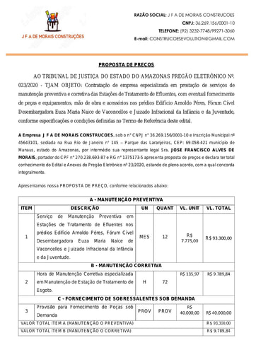 PREGÃO ELETRÔNICO Nº 023/2020 - PROPOSTA RETIFICADA - J F A DE MORAIS