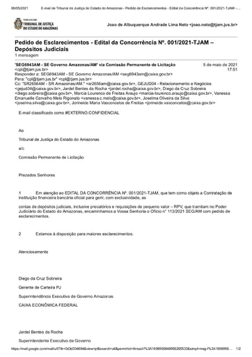 CONCORRÊNCIA Nº 001/2021 - PEDIDO DE ESCLARECIMENTO - CAIXA