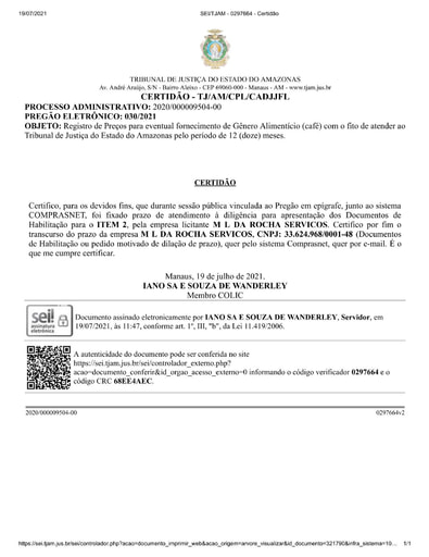 PREGÃO ELETRÔNICO Nº 030/2021 - DECURSO DE PRAZO - ITEM 2 - M L DA ROCHA