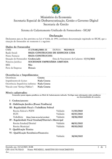 TOMADA DE PREÇOS Nº 004/2021 - SICAF E CNDT - HAZA