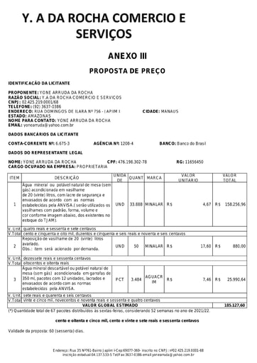 PREGÃO ELETRÔNICO Nº 017/2021 - PROPOSTA RETIFICADA 3 - Y A DA ROCHA