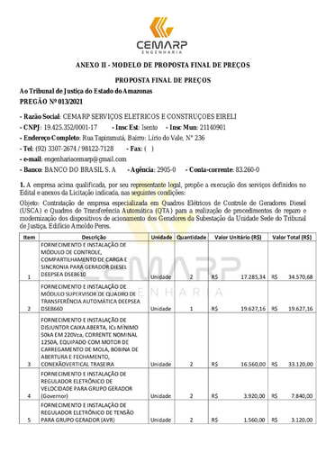 PREGÃO ELETRÔNICO Nº 013/2021 - PROPOSTA - CEMARP