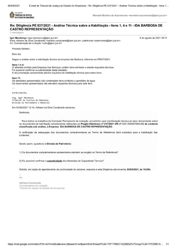 PREGÃO ELETRÔNICO Nº 037/2021 – DILIGÊNCIA CPL À DIVISÃO DE PATRIMÔNIO - HABILITAÇÃO - ITENS 1, 4 E 11 - IDA BARBOSA
