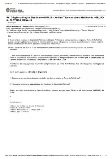 PREGÃO ELETRÔNICO Nº 014/2021 – DILIGÊNCIA CPL À DIVISÃO DE ENGENHARIA - DOCUMENTAÇÃO - GRUPO 6 - ELETRICA MANAUS