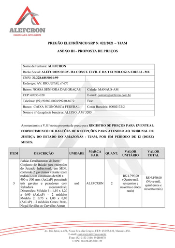 PREGÃO ELETRÔNICO Nº 022/2021 - PROPOSTA - ITEM 5 - ALEFCRON