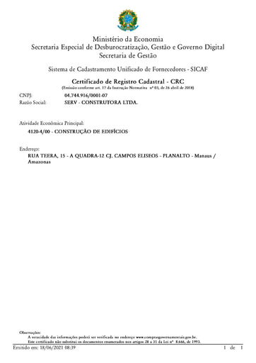 PREGÃO ELETRÔNICO Nº 018/2021 - HABILITAÇÃO - SICAF E CNDT - G3 - SERV CONSTRUTORA