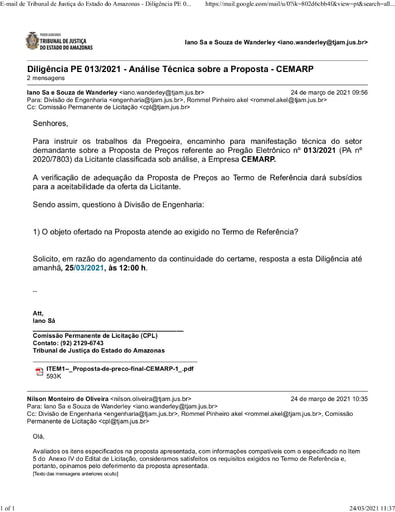 PREGÃO ELETRÔNICO Nº 013/2021 - DILIGÊNCIA CPL À DIVISÃO DE ENGENHARIA - PROPOSTA - CEMARP