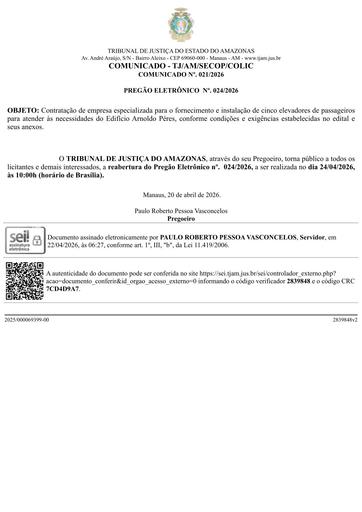 PREGÃO ELETRÔNICO Nº 024/2026 - COMUNICADO 021/2026 - REABERTURA