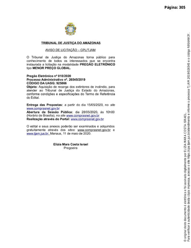 PREGÃO ELETRÔNICO Nº 010/2020 - AVISO DE LICITAÇÃO
