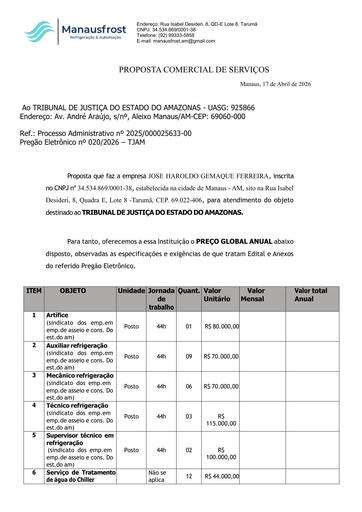 PREGÃO ELETRÔNICO Nº 020/2026 - PROPOSTA - JOSE HAROLDO GEMAQUE FERREIRA - LOTE 1