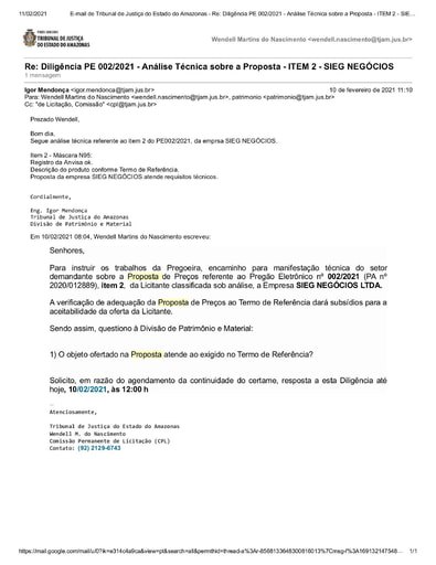 PREGÃO ELETRÔNICO Nº 002/2021 – DILIGÊNCIA CPL À DIVISÃO DE PATRIMÔNIO E MATERIAL - PROPOSTA - ITEM 2 -  SIEG NEGÓCIOS
