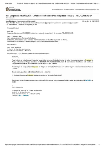 PREGÃO ELETRÔNICO Nº 002/2021 – DILIGÊNCIA CPL À DIVISÃO DE PATRIMÔNIO - PROPOSTA - ITEM 2 - RSL COMÉRCIO