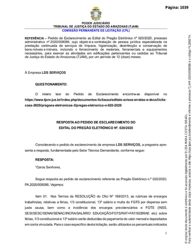 PREGÃO ELETRÔNICO Nº 020/2020 - RESPOSTA AO PEDIDO DE ESCLARECIMENTO - LDS SERVIÇOS
