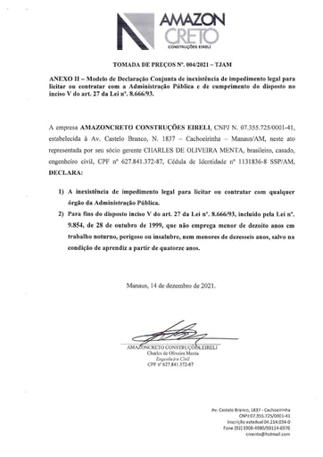 TOMADA DE PREÇOS Nº 004/2021 - DECLARAÇÕES - AMAZONCRETO