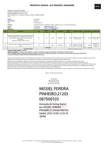 PREGÃO ELETRÔNICO Nº 067/2022 - PROPOSTA - GRUPO 1 - M P PINHEIRO
