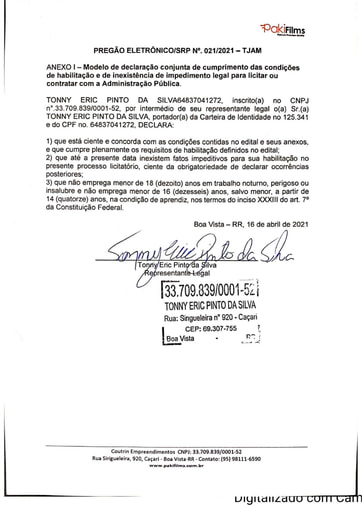 PREGÃO ELETRÔNICO Nº 021/2021 - DOCUMENTOS COMPLEMENTARES - TONNY ERIC