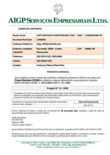 PREGÃO ELETRÔNICO Nº 022/2020 - PROPOSTA RETIFICADA 3 - AIGP