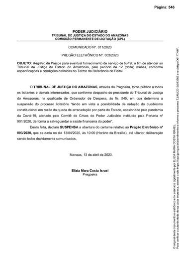 PREGÃO ELETRÔNICO Nº 003/2020 - COMUNICADO - SUSPENSÃO