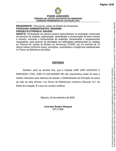 PREGÃO ELETRÔNICO Nº 020/2020 - CERTIDÃO - LIMP CAR