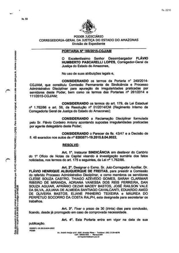 Portaria nº160/2015-CGJ/AM (Instaura Sindicância - Processo nº 0203571-19.2015.8.04.0022)