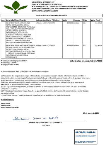 PREGÃO ELETRÔNICO Nº 015/2021 - PROPOSTA - ITEM 1 - LIDIANE