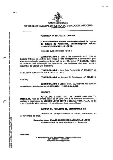 Portaria nº161/2015-CGJ/AM (Autoriza a Dra. Joana dos Santos Meireles a realizar o casamento no dia 11/11/2015)