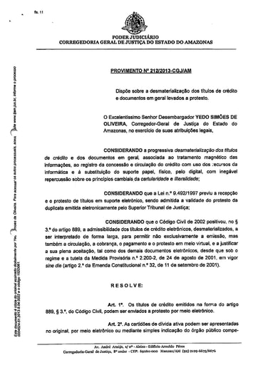 Provimento 212 - Dispõe sobre a desmaterialização dos títulos de crédito e documentos em geral levados a protesto