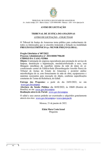 PREGÃO ELETRÔNICO Nº 007/2022 - AVISO DE LICITAÇÃO