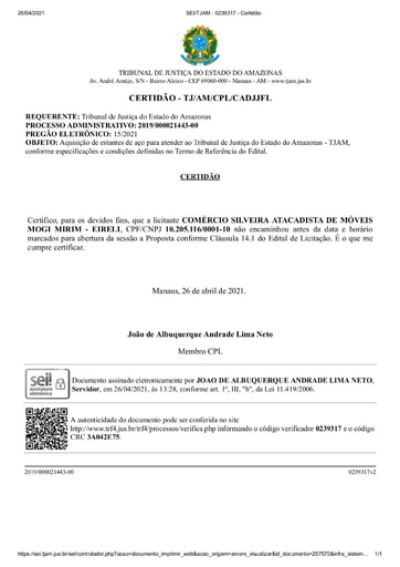 PREGÃO ELETRÔNICO Nº 015/2021 - CERTIDÃO AUSÊNCIA DE PROPOSTA - ITEM 2 - COMÉRCIO SILVEIRA