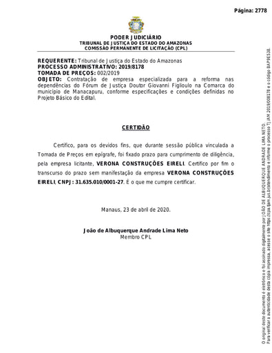 TOMADA DE PREÇO N° 002/2019 - CERTIDÃO - DECURSO DE PRAZO - VERONA
