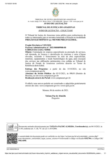 PREGÃO ELETRÔNICO Nº 52/2021 - AVISO DE LICITAÇÃO