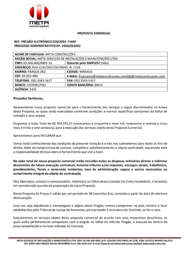 PREGÃO ELETRÔNICO Nº 028/2020 - PROPOSTA - META SERVIÇOS