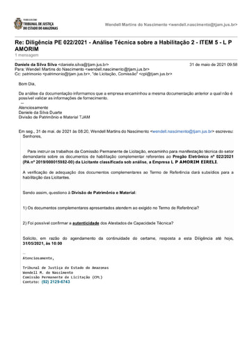PREGÃO ELETRÔNICO Nº 022/2021 - DILIGÊNCIA CPL À DIVISÃO DE PATRIMÔNIO (2) - DOCUMENTOS COMPLEMENTARES - ITEM 5 - L P AMORIM