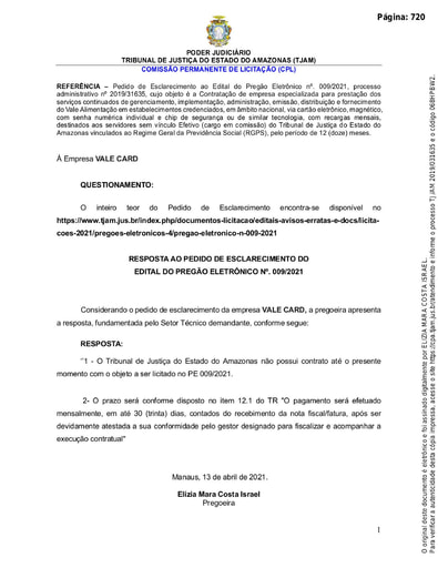 PREGÃO ELETRÔNICO Nº 009/2021 - RESPOSTA AO PEDIDO DE ESCLARECIMENTO - VALE CARD