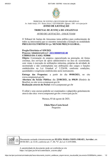 PREGÃO ELETRÔNICO Nº 039/2021 - AVISO DE LICITAÇÃO