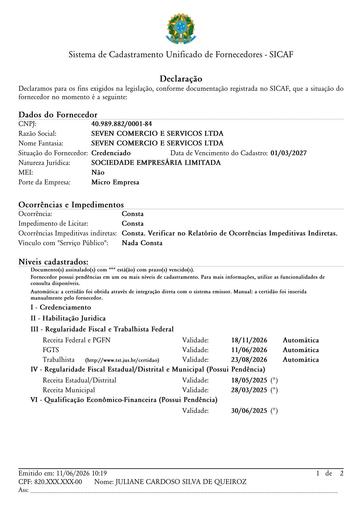 PREGÃO ELETRÔNICO Nº 035/2026 - OCORRÊNCIA IMPEDITIVA INDIRETA - SEVEN COMERCIO E SERVICOS LTDA - G2